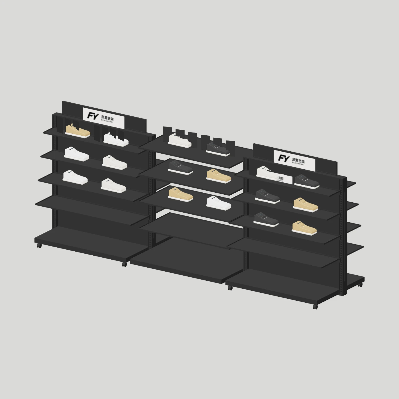 Mobile Shelf Island · Triple Bay — Footwear on shelves