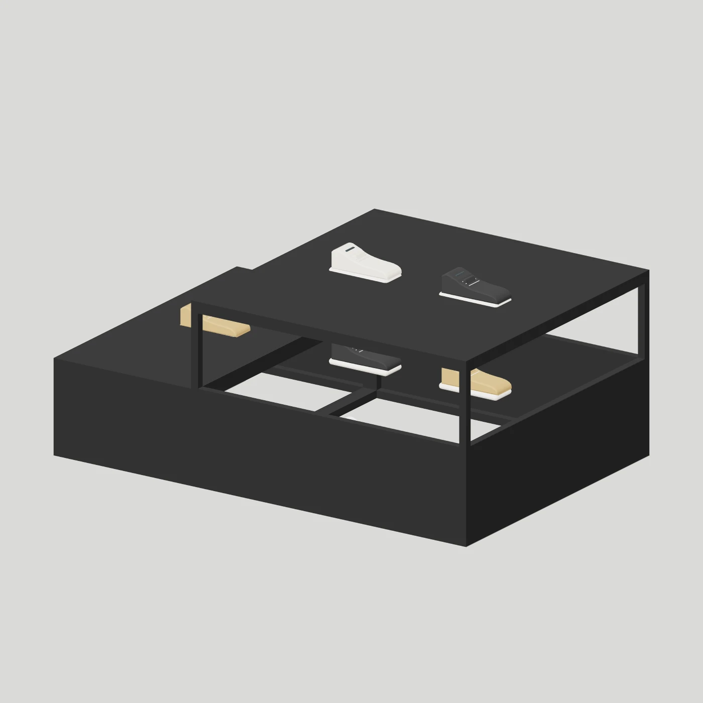 Modular Display Stage · Two Units — Footwear on shelves
