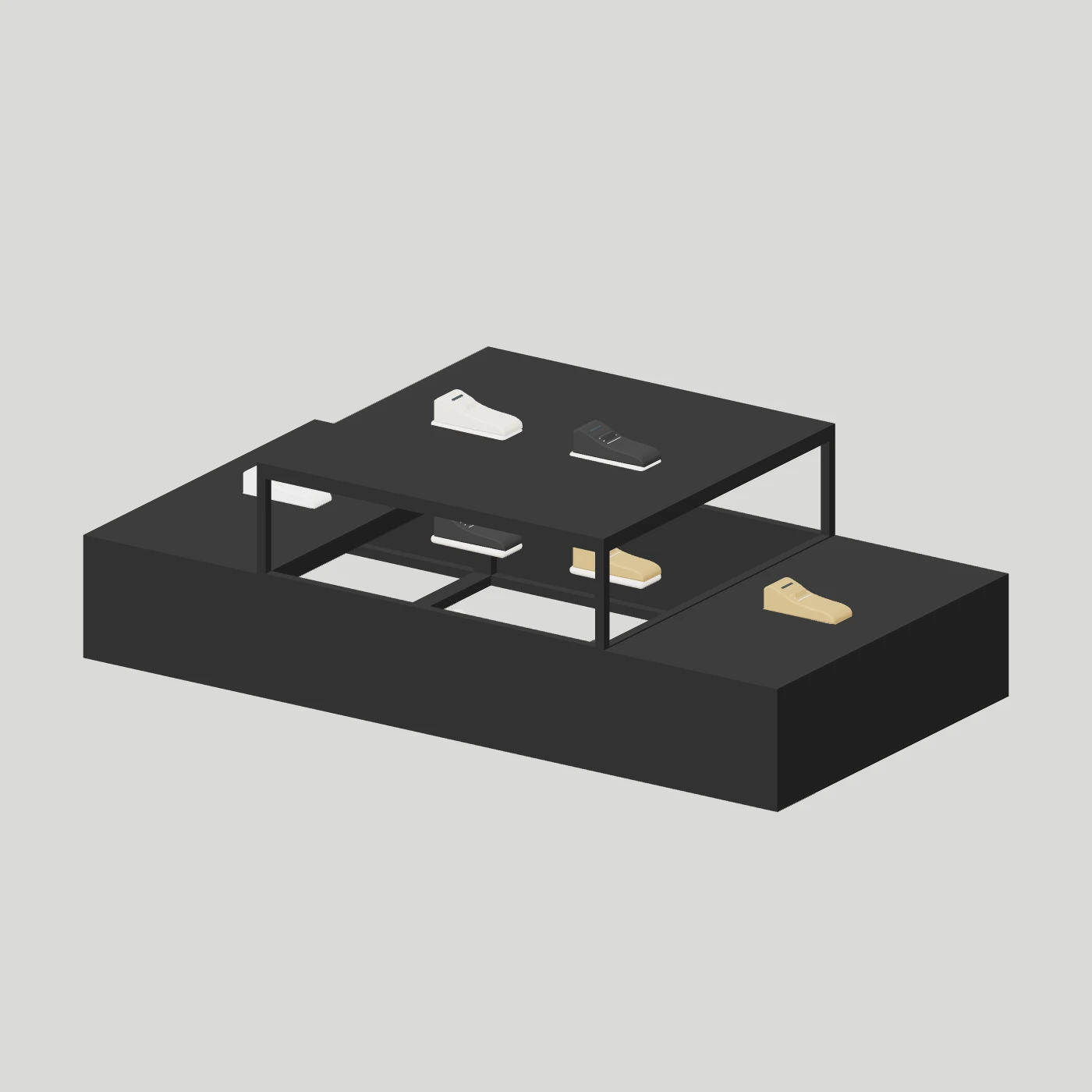 Modular Display Stage · Three Units — Footwear on shelves