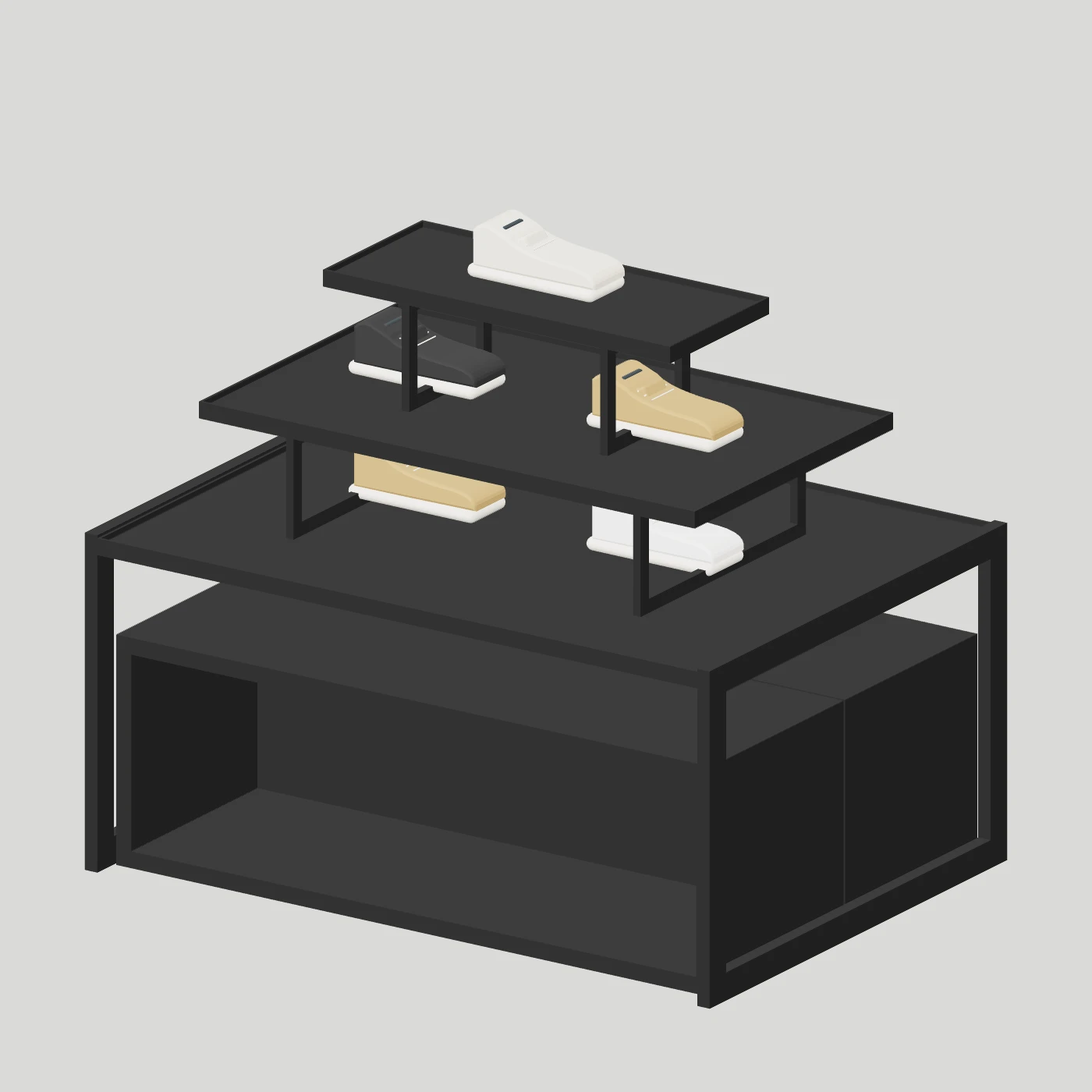 Stepped Display Table · Rectangular — Footwear on shelves
