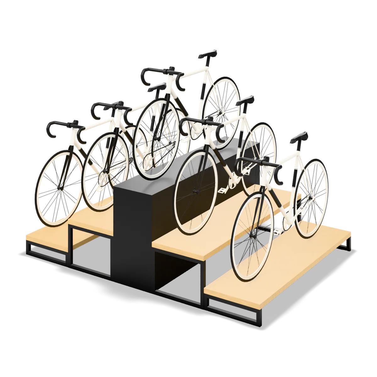 Box-Base Bicycle Stage · Open Sides, front three-quarter view