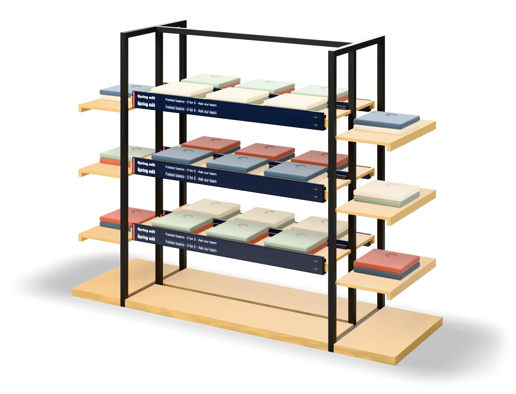 Shelf island with strip screens on the shelf edges