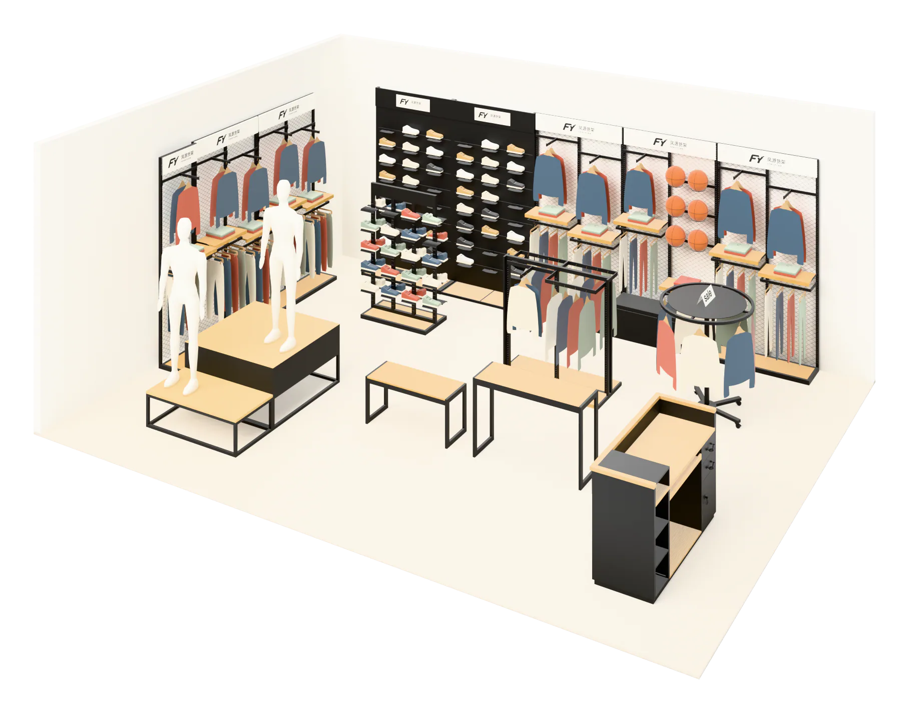 3D rendering of a designed store: shoe walls, apparel walls, islands, tables, a mannequin platform and a checkout counter